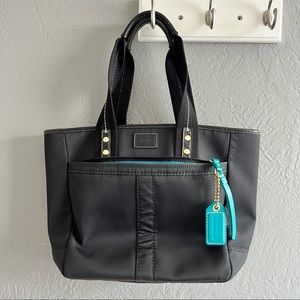 COACH Black Teal Nylon Hand Bag Purse Short Handle Zippered Bag EUC